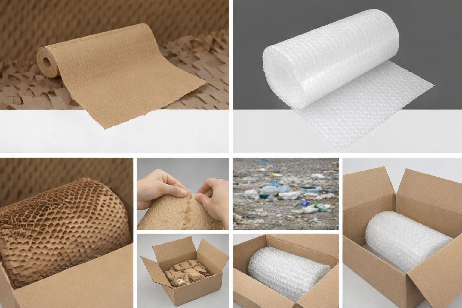 Vergleich von Luftpolsterfolie und nachhaltigem Wabenpapier in Versandkartons.